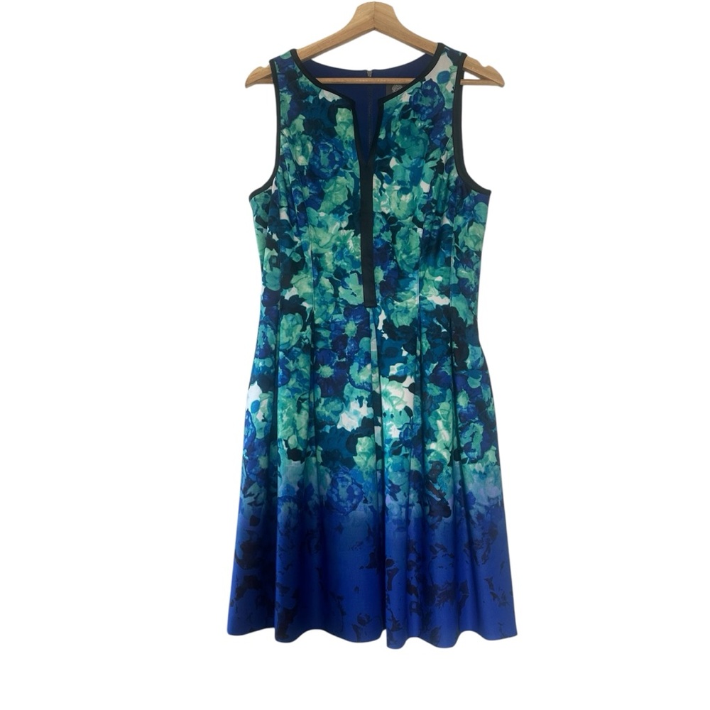 Vince Camuto Blue Floral Dress Side Pockets Zippered Back Size 12